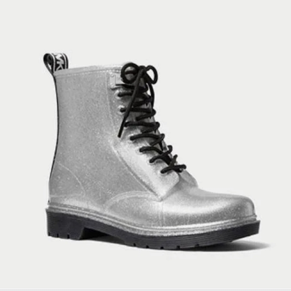 Michael Kors Silver Glitter Tavie Rainbootie Combat Boots Women's Size 8 NWT - Picture 8 of 11